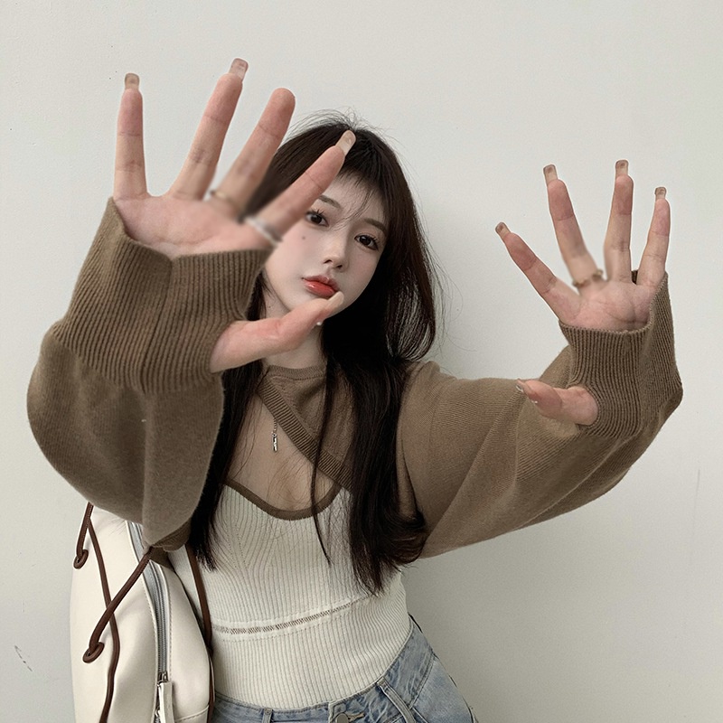 Bộ Áo Croptop Dệt Kim Ngắn 2 Món + Áo Hai Dây Màu Khối Thời Trang Cho Nữ