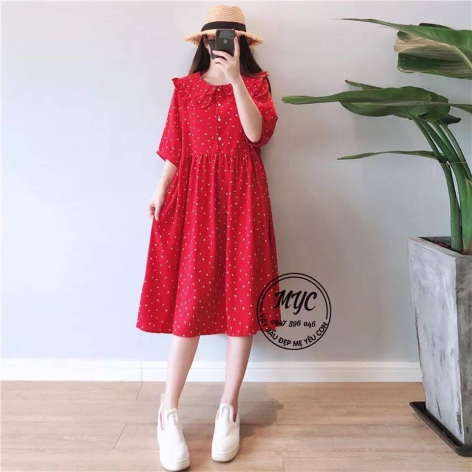 MM1311 Váy bầu đỏ chấm bi cổ điệu
