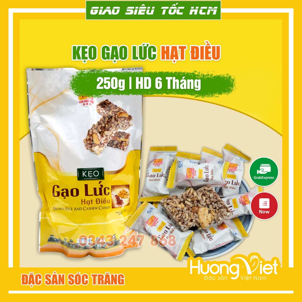 Kẹo gạo lức hạt điều cao cấp Tân Huê Viên 250g, kẹo gạo lứt Sóc Trăng