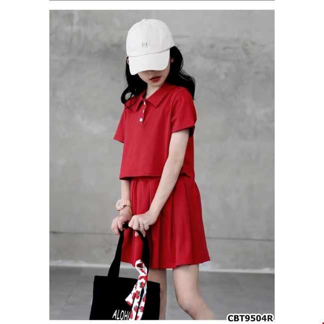 BỘ ÁO CROPTOP CỔ TRỤ PHỐI CHÂN VÁY XẾP LY CHO BÉ