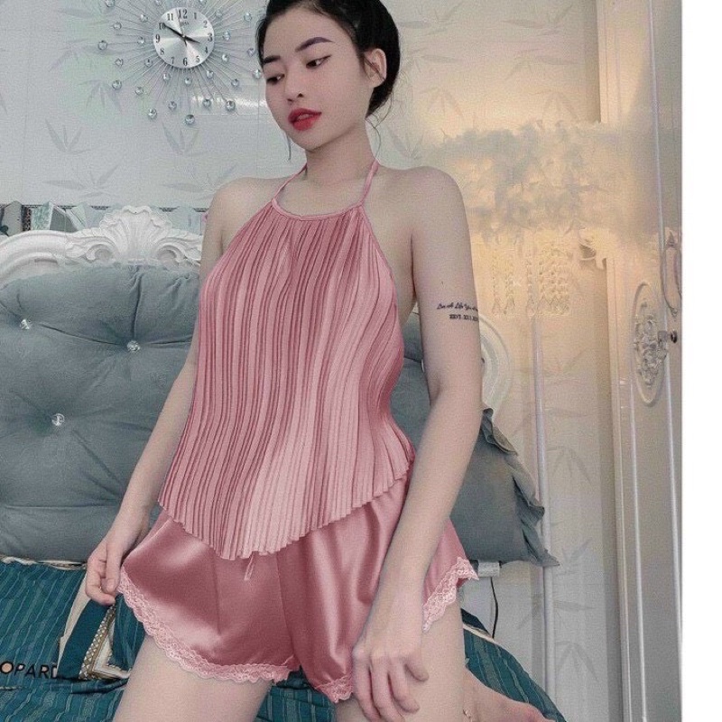 𝗙𝗿𝗲𝗲 𝗦𝗵𝗶𝗽Set Đồ Ngủ Yếm Sexy Áo Cột Dây Dập Li - bộ ngủ yếm sang chảnh chất lụa satin mềm, mịn size (dưới 60kg)8586