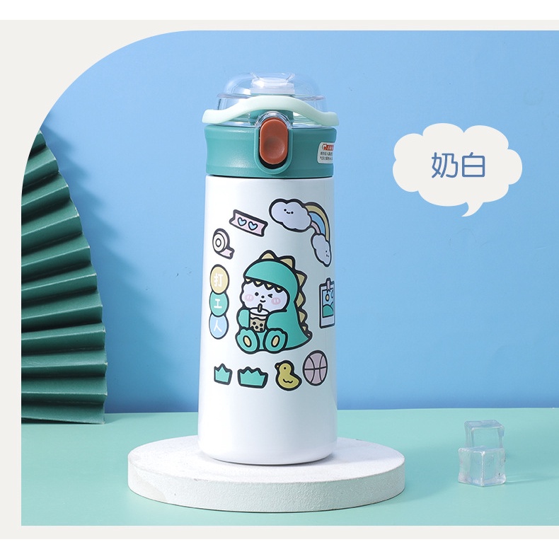 Bình Giữ Nhiệt Inox 480ML Dán Sticker Dễ Thương, Trang Bị Kèm Ống Hút Tiện Lợi Và Dây Đeo Xách - SaoViet Shop