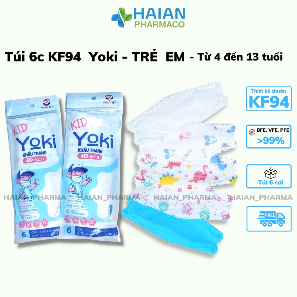 Túi 6 cái Khẩu trang Trẻ Em 4D Yoki 4 Lớp Hàng Công Ty