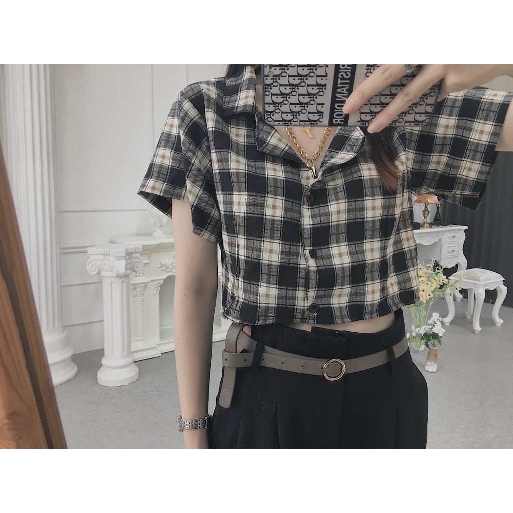 Áo croptop caro đen trắng Nhisnhis C3