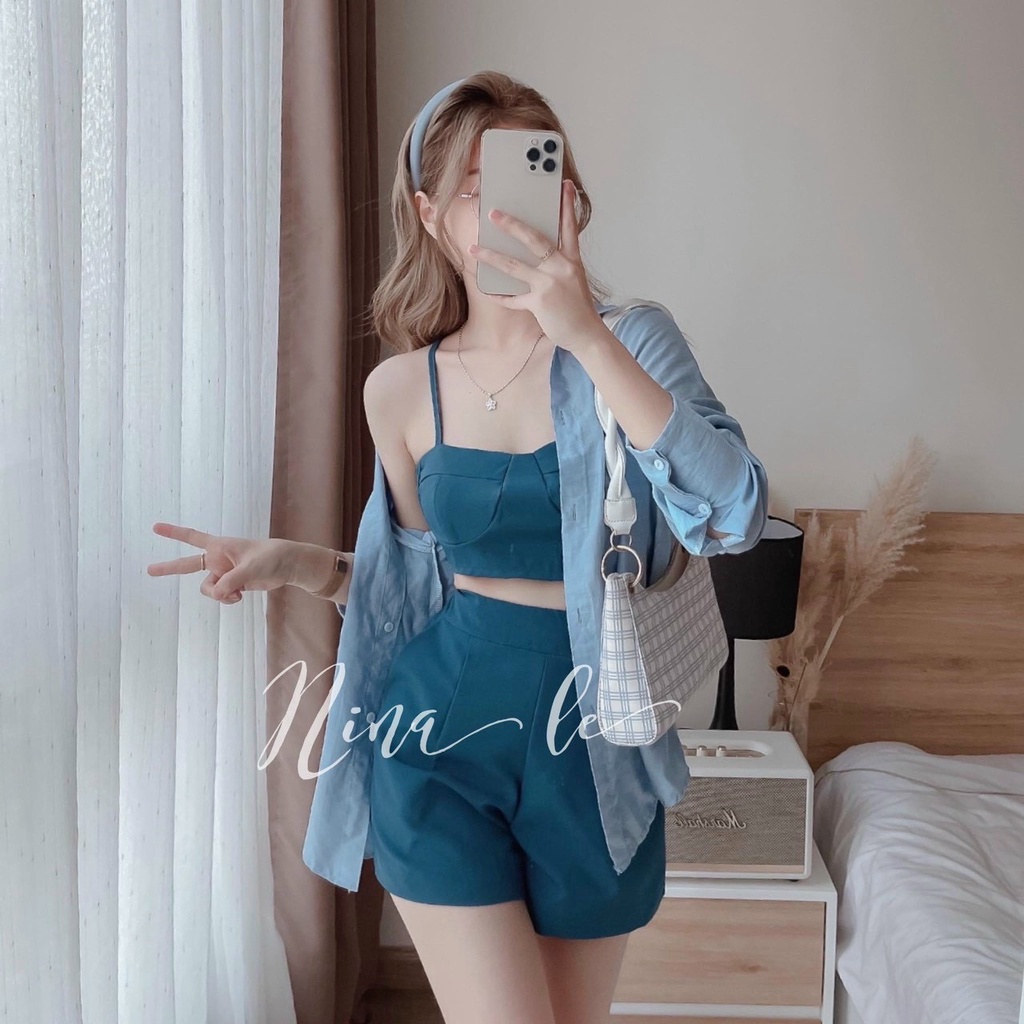 Set 3 Món Đi Biển Mùa Hè Áo 2 Dây Croptop Áo Sơ Mi Mặc Ngoài Phối Quần Short Cạp Cao