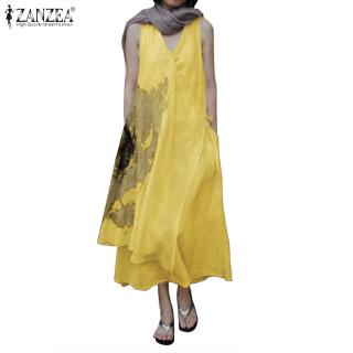 ZANZEA Đầm Maxi Nữ Không Tay Cổ Chữ V Thời Trang Quyến Rũ