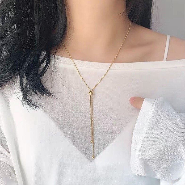 Dây chuyền bằng thép titan mạ vàng hồng 18K họa tiết xương rắn phối hạt tròn phong cách cổ điển đơn giản có thể thu gọn