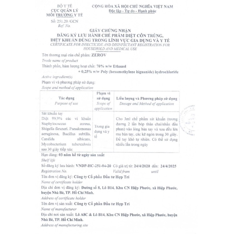 Dung dịch rửa tay khô diệt khuẩn Zero V bình 5 Lít