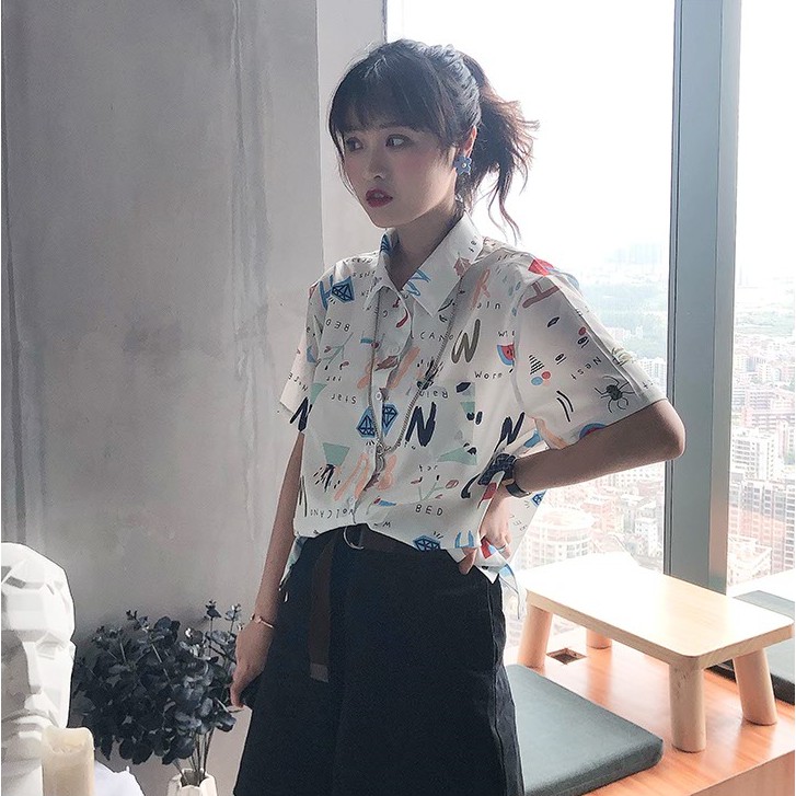 Áo sơ mi nữ ngắn tay kiểu dáng retro phong cách Hàn Quốc