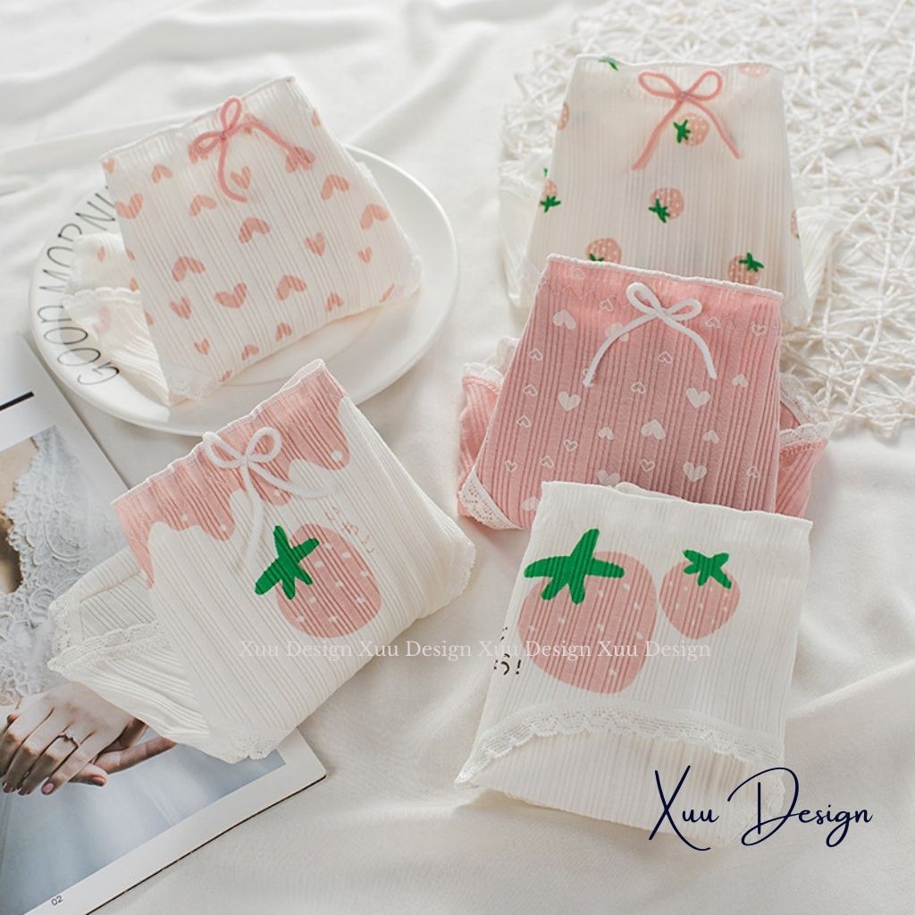Quần lót cotton nữ Wexuu Design, Quần lót nữ chất cotton phối viền ren họa tiết dâu nơ dễ thương QC31