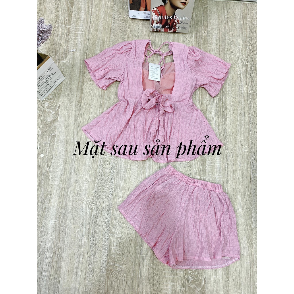 Set đũi xốp cho nữ mặc nhà, mặc đi chơi, áo babydoll hở lưng có dây cột nơ lưng, quần short siêu dễ thương
