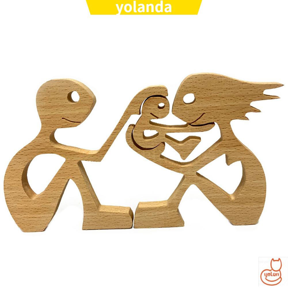 ☆YOLA☆ Office Wooden Sculpture Desk Mini Ornaments Sculpture Couple Family Carving Craft Gift Heart Lovers Kids Home Decor Statues Table Ornaments