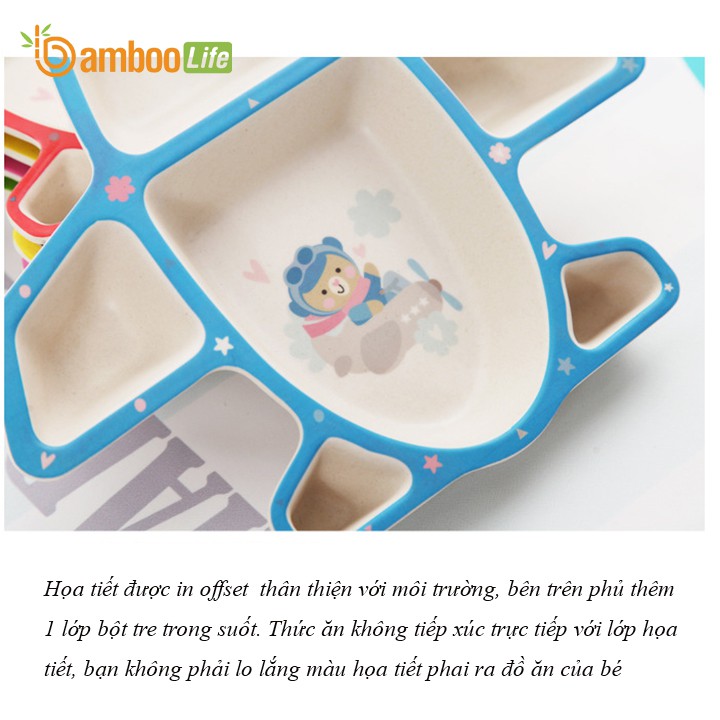 Khay đựng thức ăn cho bé sợi tre Bamboo Life BL021 bộ gồm 3 món gồm thìa, dĩa, khay hình máy bay cute