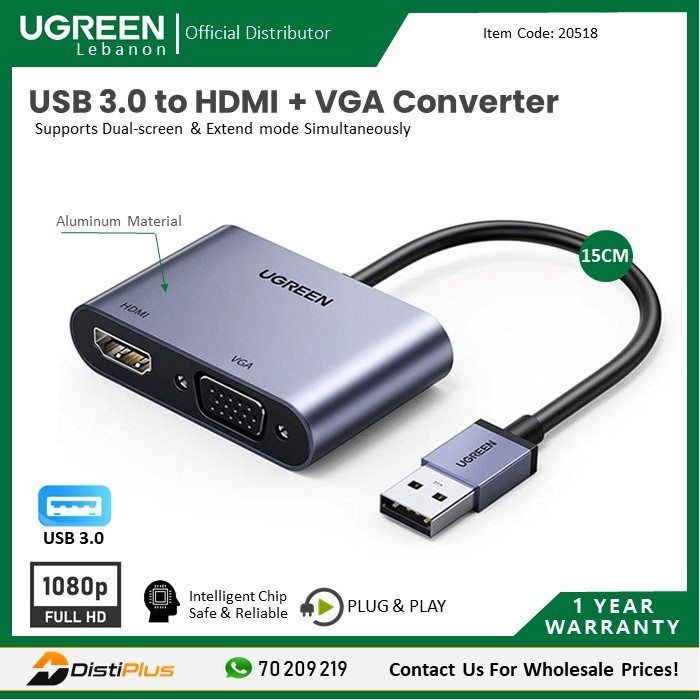 Cáp chuyển đổi USB 3.0 sang HDMI + VGA Ugreen 20518 Chính Hãng CM449