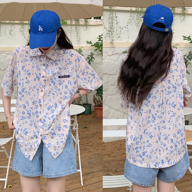 Áo Sơ Mi Tay Ngắn Cổ Polo Dáng Rộng In Hoa Kiểu Retro Hàn Quốc Thời Trang Mùa Hè Cho Nữ