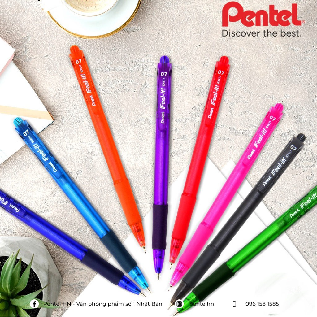 Bút Bi Bấm Nhật Bản Pentel BX417 | Trơn Mượt Không Đọng Mực | Ngòi 0.7mm (Xanh, Đỏ, Đen)