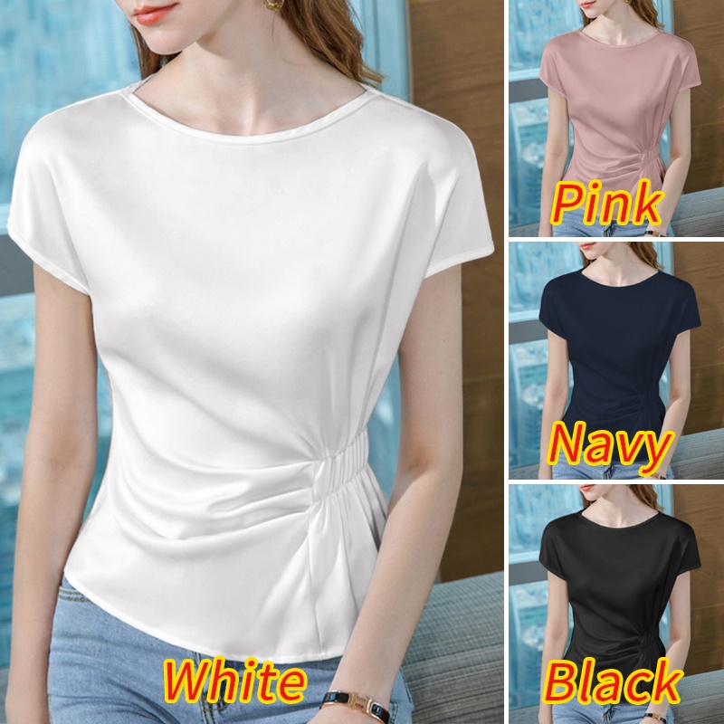 Zanzea Áo Sơ Mi Satin Tay Ngắn Cổ Thuyền Dáng Rộng Thời Trang Cho Nữ