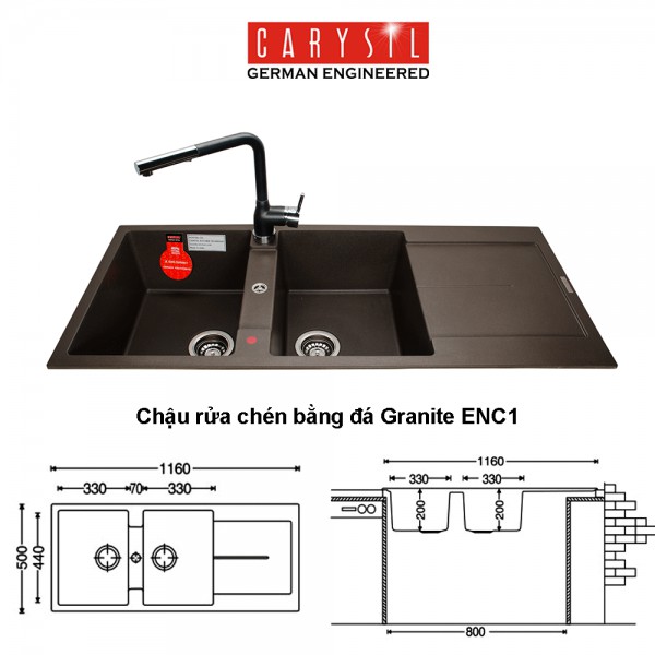 Chậu rửa dá CARYSIL ENC1, công nghệ Đức, bảo hành 05 năm