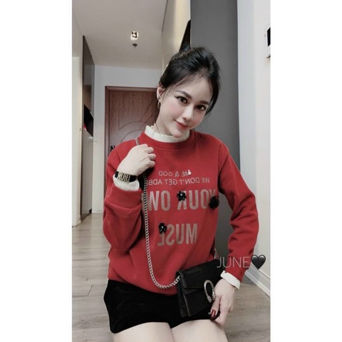 Áo hoodie nữ YOUR OWN,Áo nỉ cổ tròn màu đen,màu đỏ_Yohamy