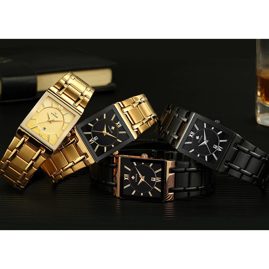 Đồng Hồ Nam WWOOR HALEI Mặt Vuông Nổi Bật, Dây Thép Không Ghỉ, Chống Nước Sinh Hoạt