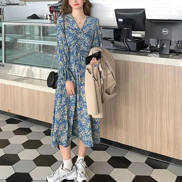 Women's Fashion Classic French Retro Classic Floral Print Long Sleeve V-neck Dress