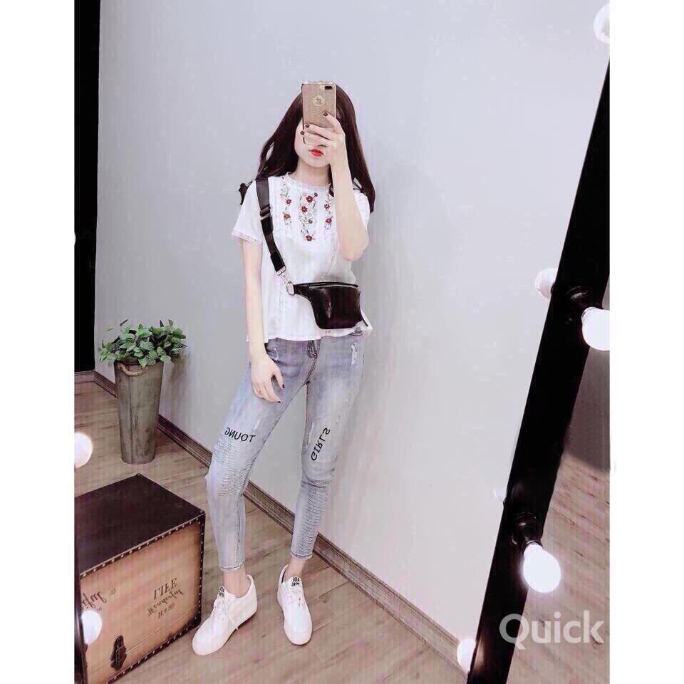 Quần Jeans Nữ Co Giãn Hoạ Tiết Chữ Cao Cấp OHS521
