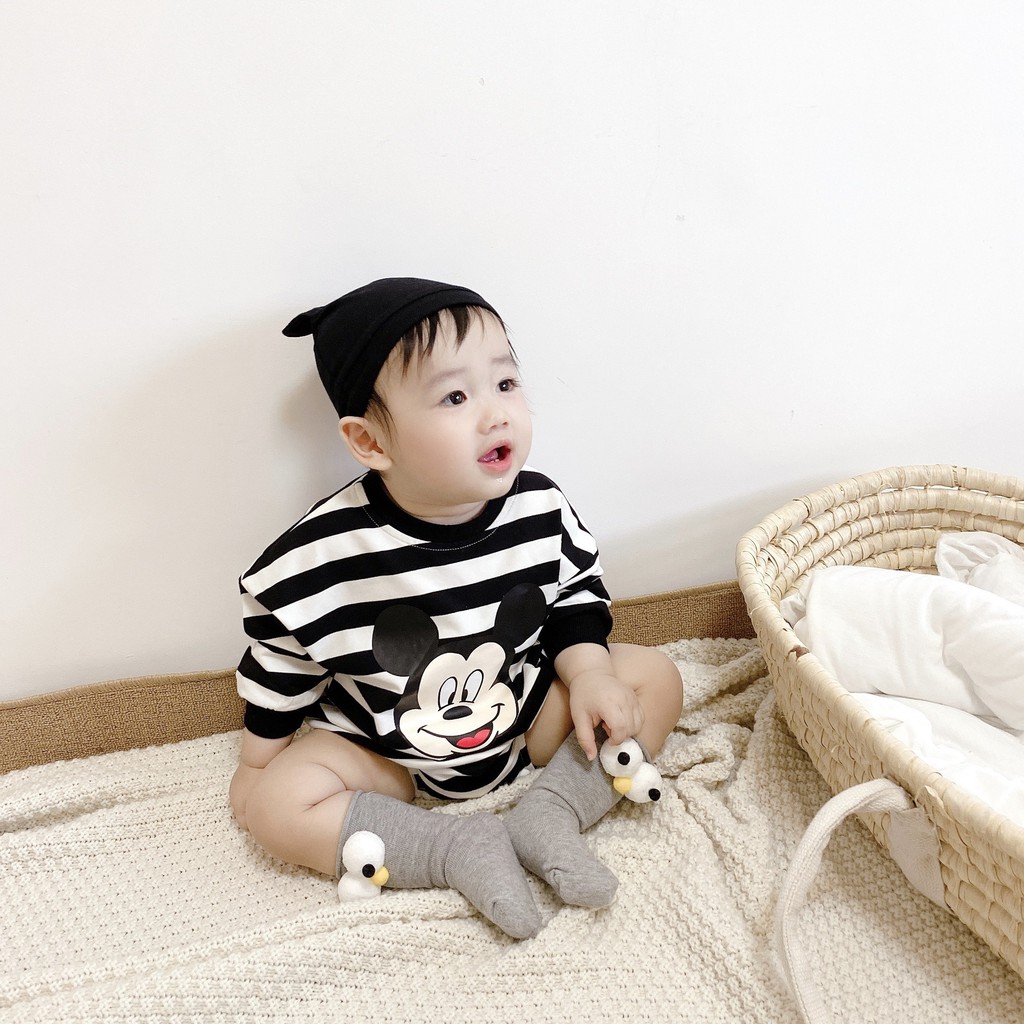 Set 2 Món Áo Liền Quần + Nón Vải Cotton Họa Tiết Sọc Ngang Xinh Xắn Dành Cho Bé