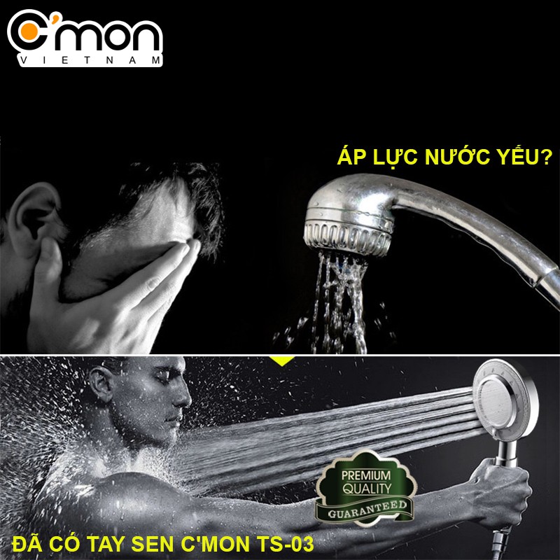 Bộ tay sen siêu tăng áp 400% với 3 chế độ nước C'MON TS-03 + dây sen + đế cài sen