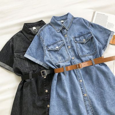 Áo jeans form dài tay ngắn giấu quần có nịch eo có cổ áo polo thắt lưng ulzzang ( 2 màu )