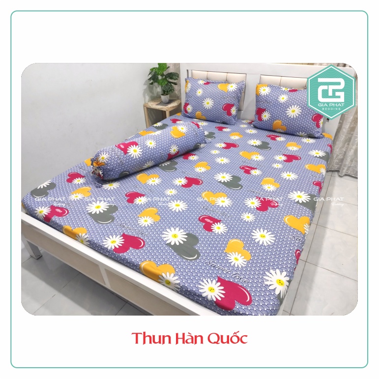 Bộ ga gối Thun Lạnh Hàn Quốc 4 món họa tiết Trái Tim ( 1 ga bọc + 2 vỏ gối nằm + 1 vỏ gối ôm )