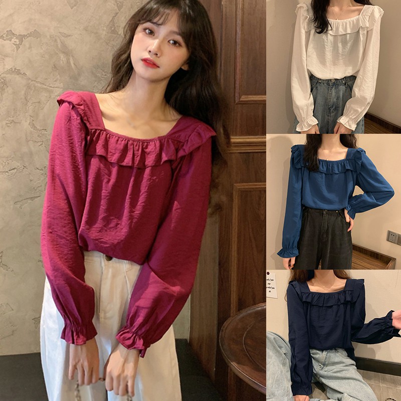 Áo Kiểu Tay Dài Cổ Vuông Phối Ren Màu Trơn Xinh Xắn Cho Nữ