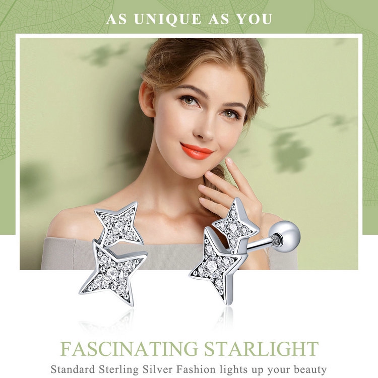 Khuyên tai Bamoer SCE432 bằng bạc 925 hình ngôi sao đính đá zircon xinh xắn cho nữ