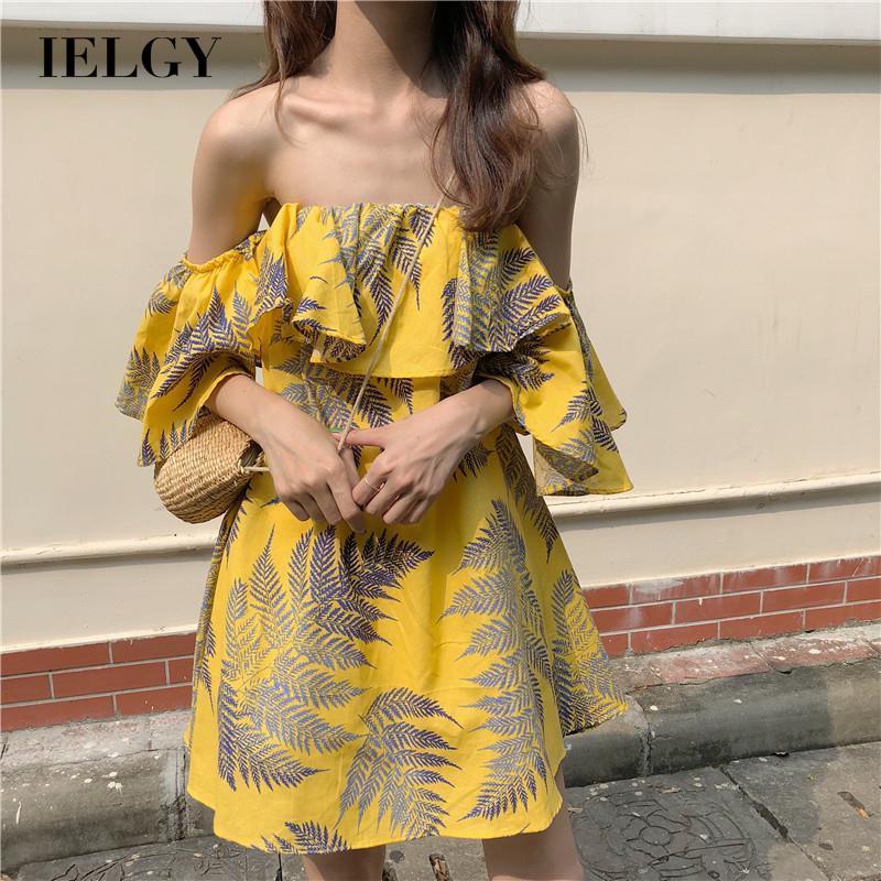 IELGY Đầm Hở Vai Cổ Lá Sen Phong Cách Hàn Quốc Ngọt Ngào Cho Nữ