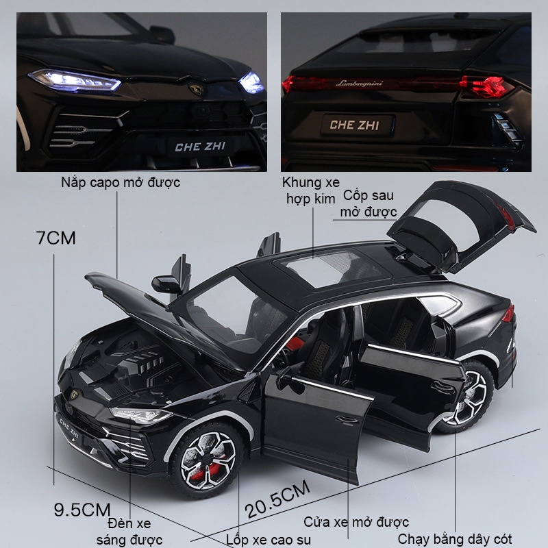 Mô hình xe ô tô Lamborghini Urus tỷ lệ 1:24 khung kim loại có đèn âm thanh mô phỏng mở 4 cửa, cốp, capo cót chạy đà
