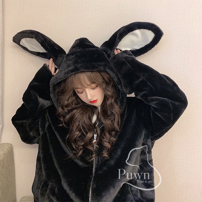 Áo khoác lông trắng tai thỏ hồng ấp áp siêu cute, phô mai que Puwn Shop