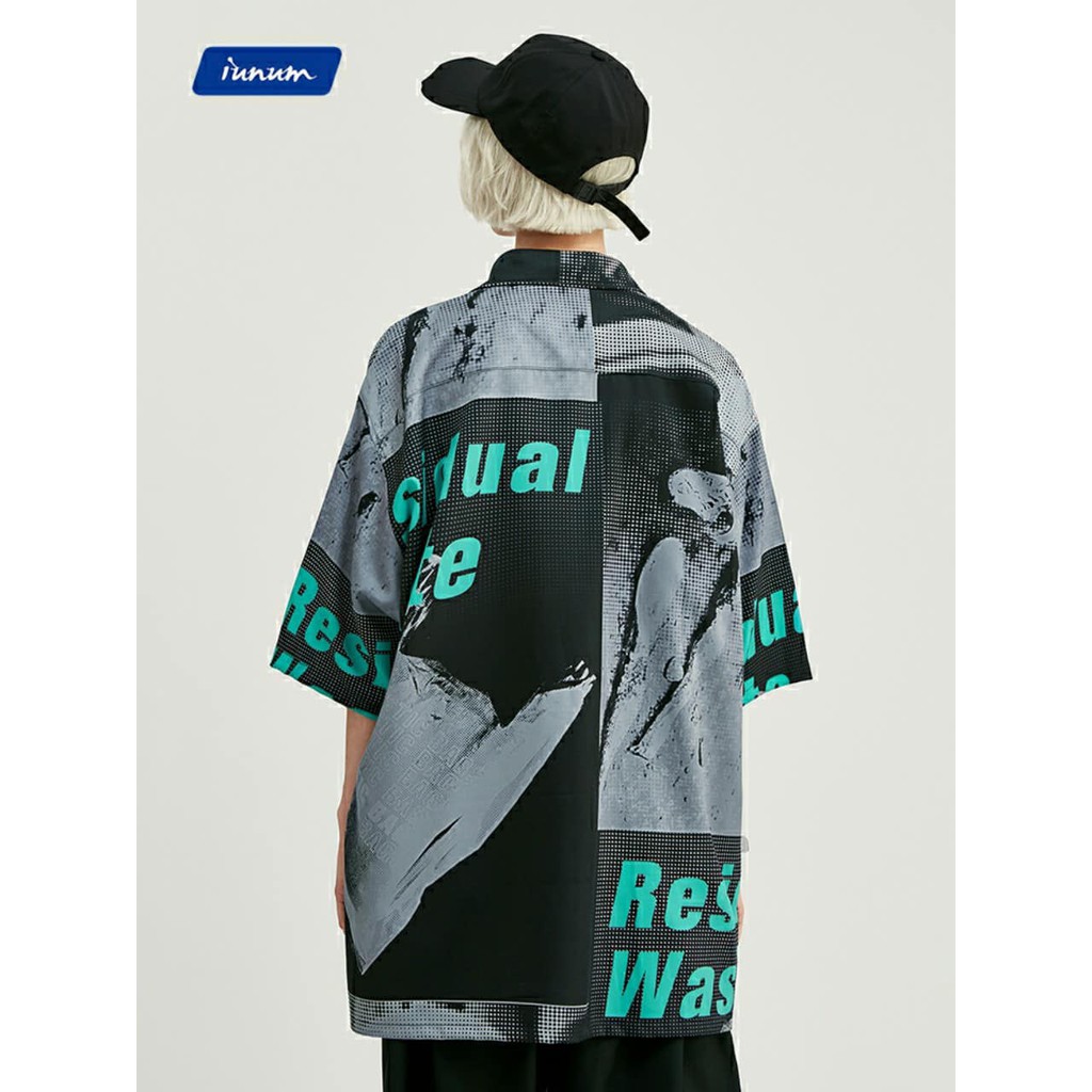 Áo sơ mi nam nữ đều mặc được kiểu tay lỡ form rộng Unisex in hình RESIDUAL WASTE màu đen xám
