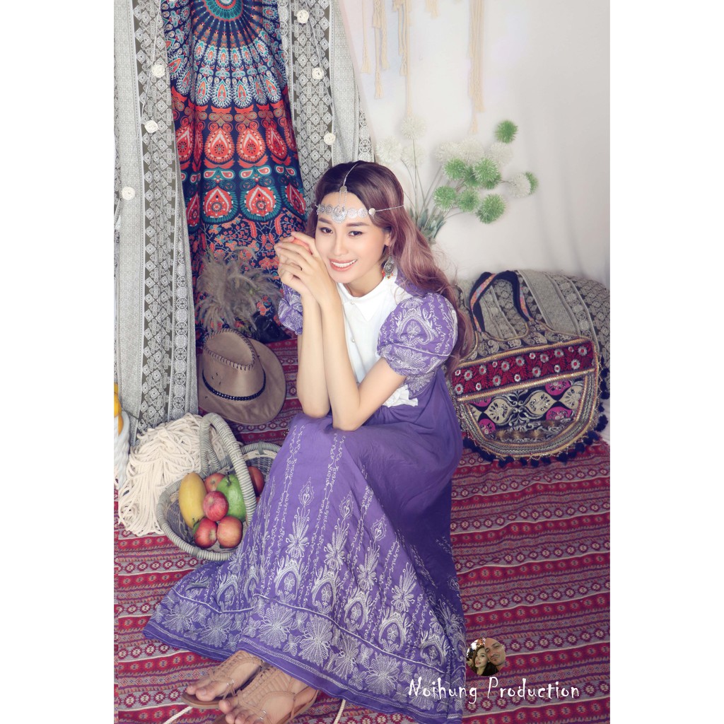 Đầm váy vintage ulzzang công chúa tiểu thư bánh bèo Bohemian thêu hoa maxi boho dáng dài xòe đi biển đẹp rẻ hotgirl
