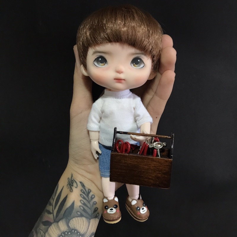 Set dụng cụ sửa chữa bằng gỗ mini tí hon dùng cho Búp bê BJD 1/12, 1/8 trang trí nhà búp bê. Combo miniature, Dollhouse