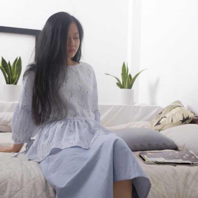 Áo babydoll hoa cúc xanh