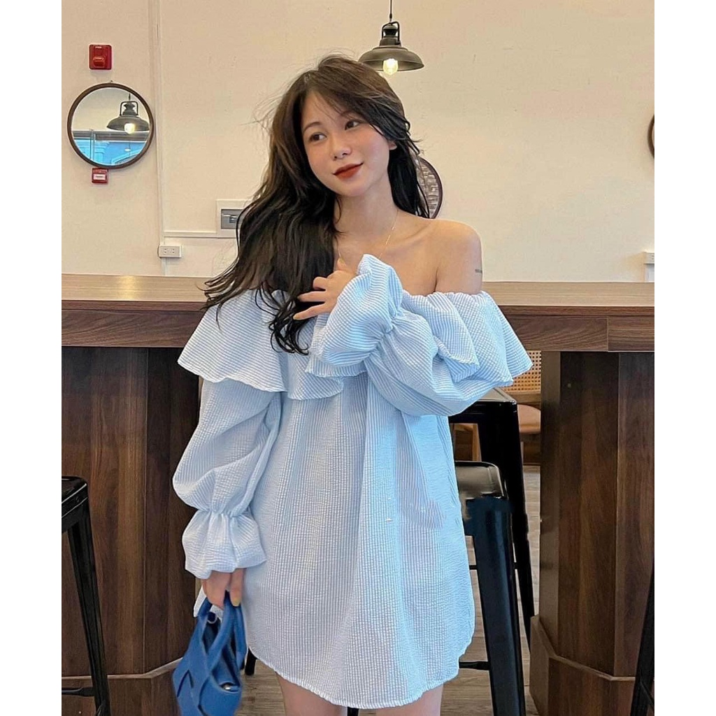 Váy áo kẻ xanh bèo vai 2807