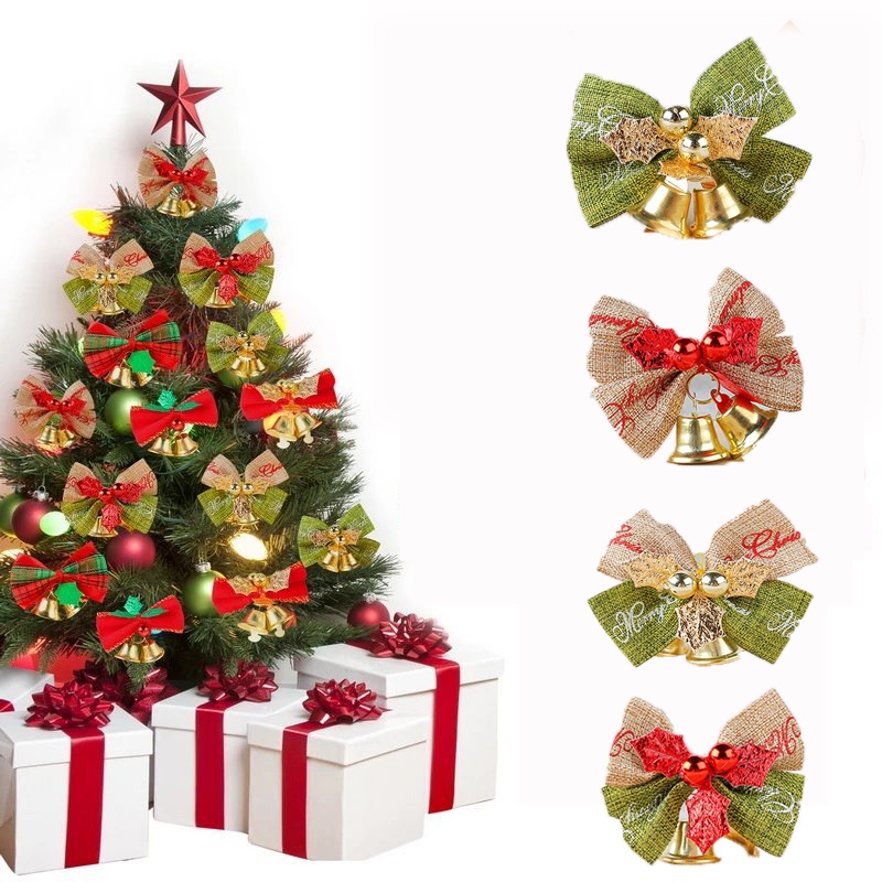 Set 4 Nơ Kèm Chuông Nhỏ Xinh Trang Trí Cây Thông