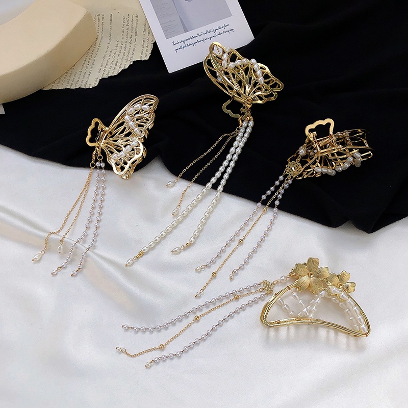 Kẹp Tóc Kim Loại Hình Hoa / Bướm / Cá Mập Ba Chiều Phối Dây Tua Rua Phong Cách Hàn Quốc Cho Nữ