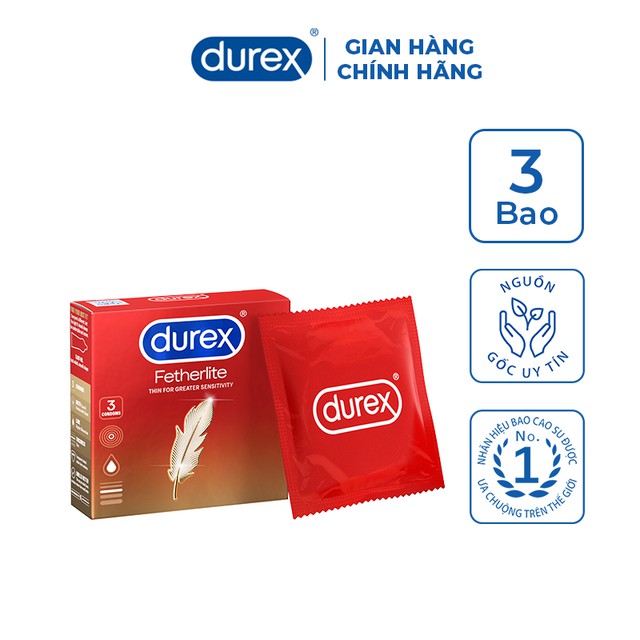 Bao cao su Durex Fetherlite 3 bao chính hãng. Màu đỏ, dòng bao ôm siêu mỏng.