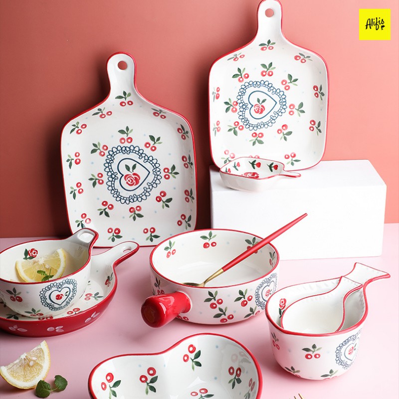 Đĩa sứ, đĩa sứ họa tiết Cherry có tay cầm phong cách Hàn Quốc dùng cho bàn ăn và decor