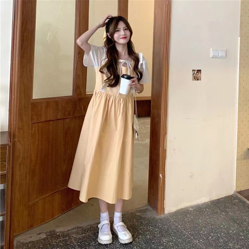 Đầm dài XINLANYASHE cổ vuông ghép nối viền màu thời trang mùa hè dành cho nữ váy thiết kế tay bồng
