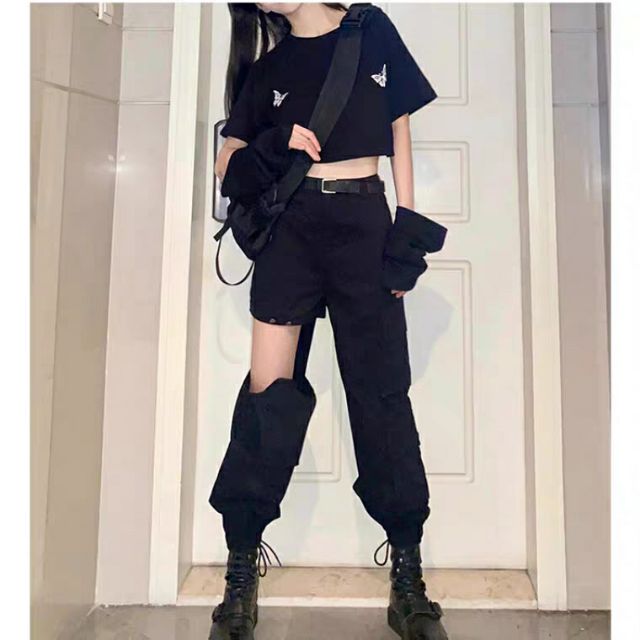 Áo croptop ống tay cut out họa tiết bươm bướm + chân váy dài xẻ phá cách