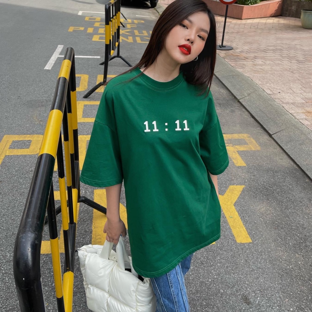 Áo thun xanh lá tay lỡ 11:11 form rộng, Chất Liệu COTTON siêu thoáng mát, Áo Thun Unisex Nam Nữ