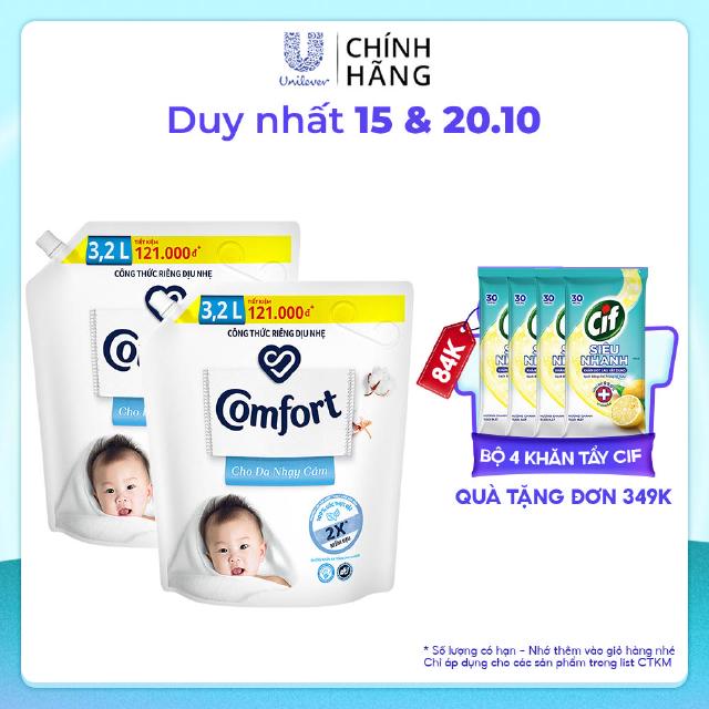 Combo 2 Nước xả vải Comfort Cho Da Nhạy Cảm Túi 3.2L/túi