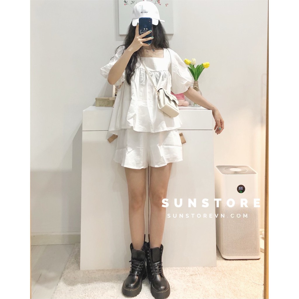 Set đồ màu trắng gồm áo và quần form chuẩn không kén dáng thiết kế sau lưng áo thắt nơ nhẹ chất đũi Bera set | BigBuy360 - bigbuy360.vn