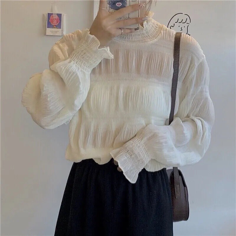 NZN Áo sơ mi chiffon tay dài màu trơn phong cách Hàn Quốc thời trang cho nữ